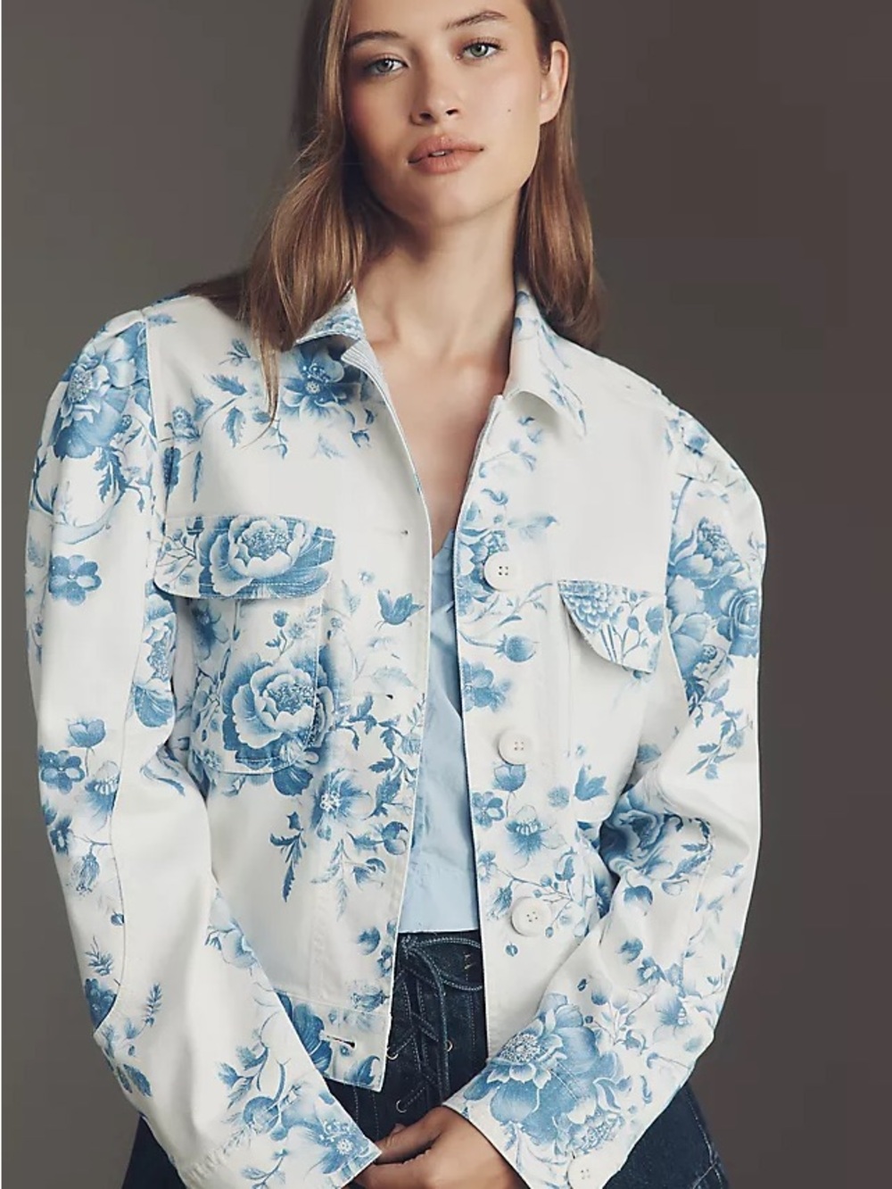Maeve Cream Jean Jacket with Blue Floral Print